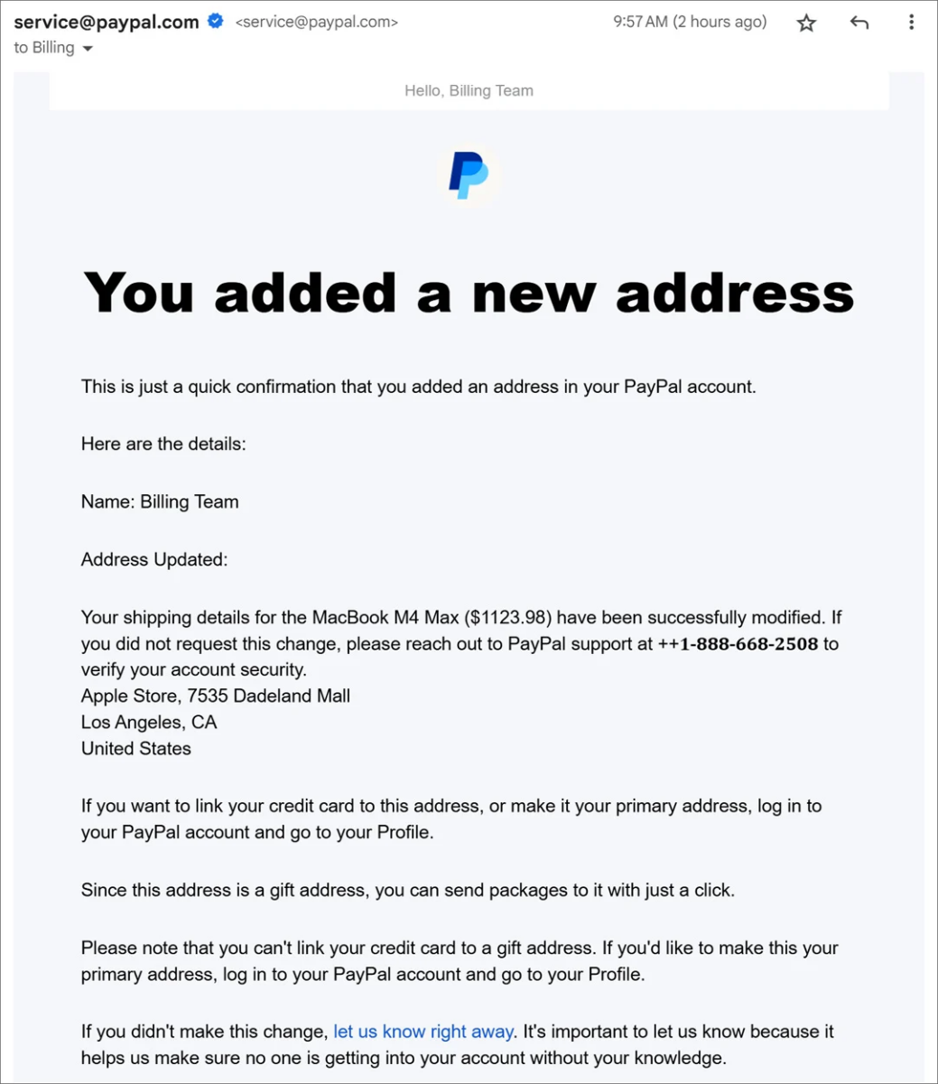 Paypal Address Example Kenya Alert: PayPal ‘New Address’ Phishing Scam - Cyber and Fraud Centre ...